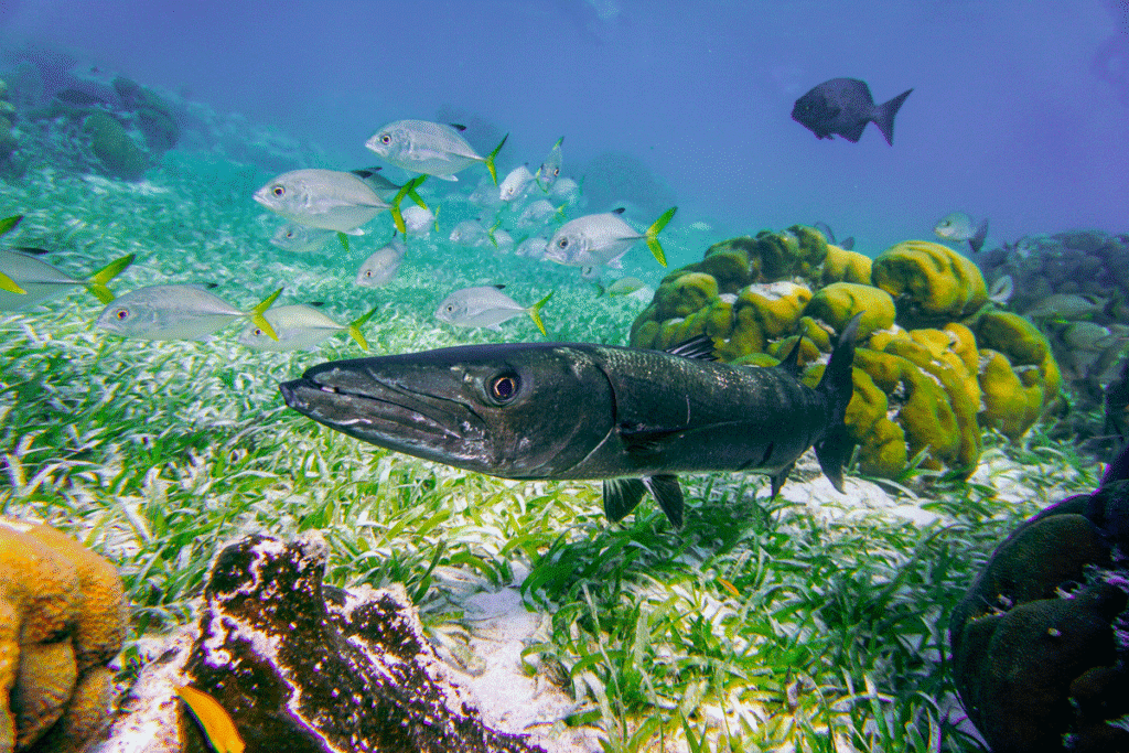 Havssköldpadda i turkost vatten under snorkling på Zanzibar
