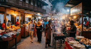 Nattmarknaden i Forodhani med matstånd, grillar och livlig kvällsatmosfär i Stone Town