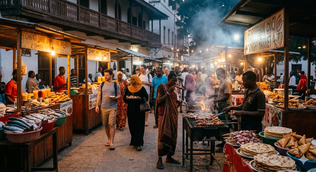 Nattmarknaden i Forodhani med matstånd, grillar och livlig kvällsatmosfär i Stone Town