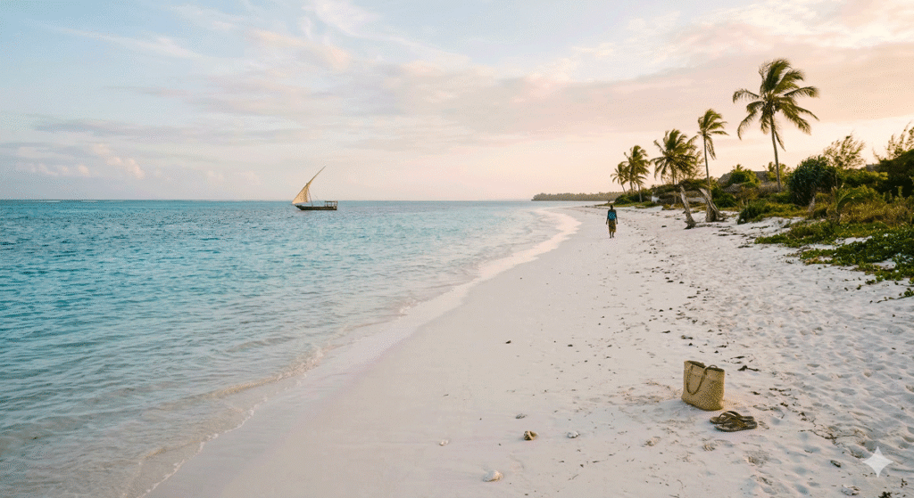 Lugn strand i Matemwe på Zanzibar med vit sand, palmer och turkost hav