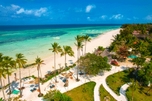 Kritvit sandstrand med palmer i Kiwengwa på Zanzibar